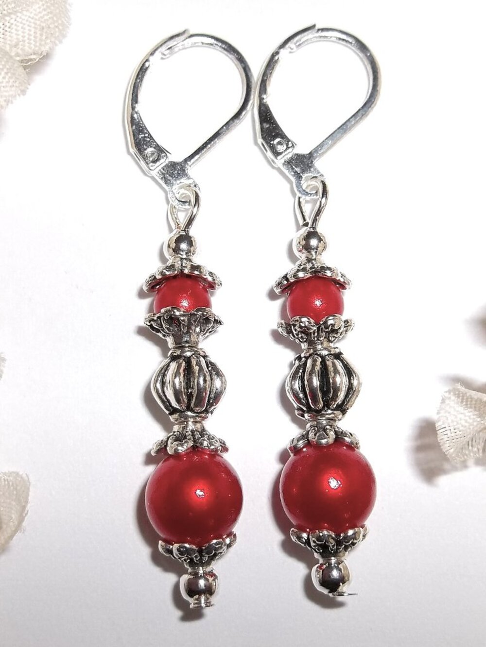 Red and Silver Earrings, Red Pearl Earrings, Earrings, Pearls, Earring Set D894